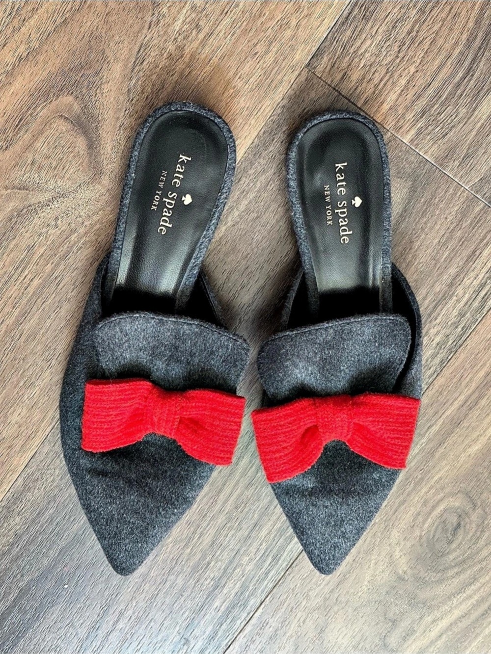 Kate Spade Pointed-Toe Wool Bow Mules in Charcoal Grey & Red US 10M